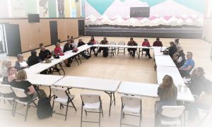 Presentation of research findings at the 2019 Bitterroot Feast, with Xaȼqanaǂ ʔitkiniǂ Research Project team members, Ktunaxa community members and Ktunaxa leadership.